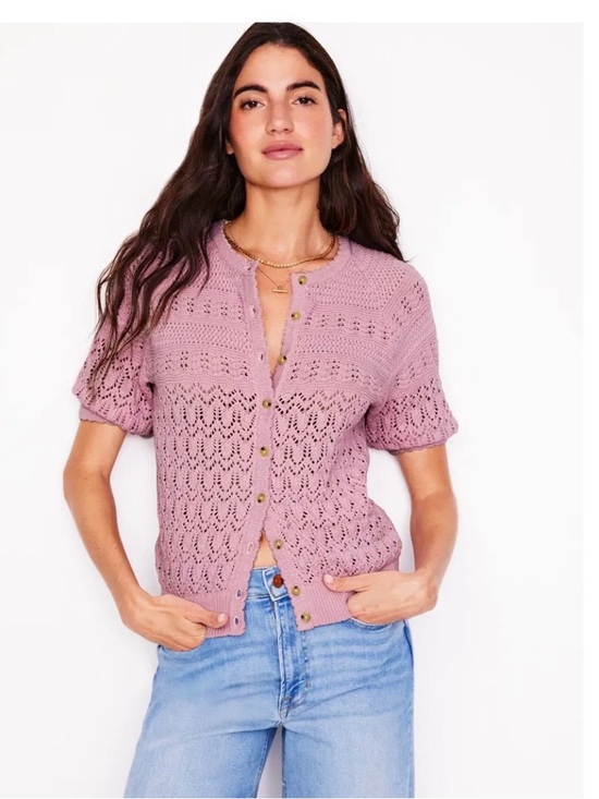 Boden Sweaters - Boden Mauve Pink Openwork Button-Front Short Sleeve Cardigan